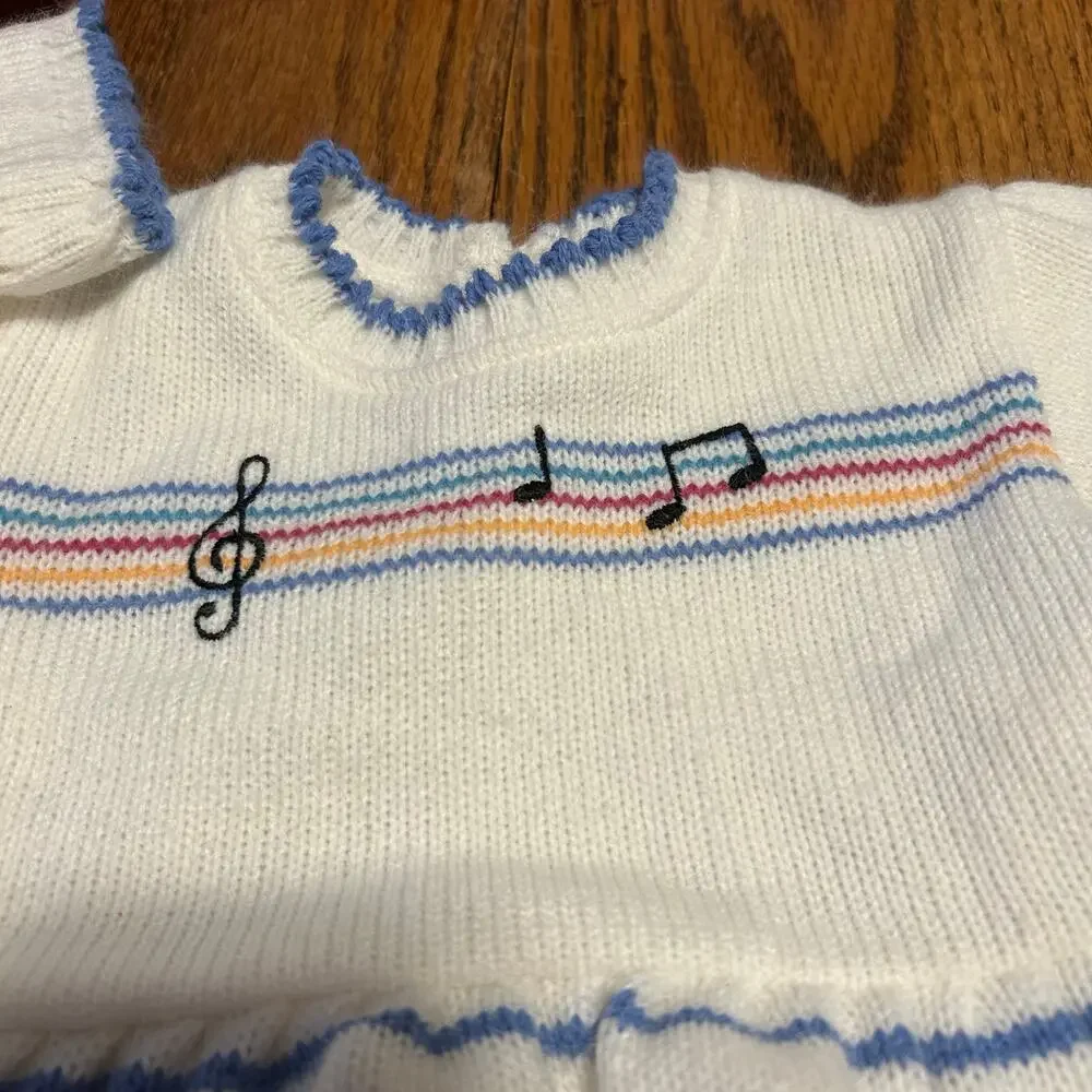 Vintage Knit Long Sleeve Dress Music Notes Toddler Size 2T Blue Yellow Stripes
